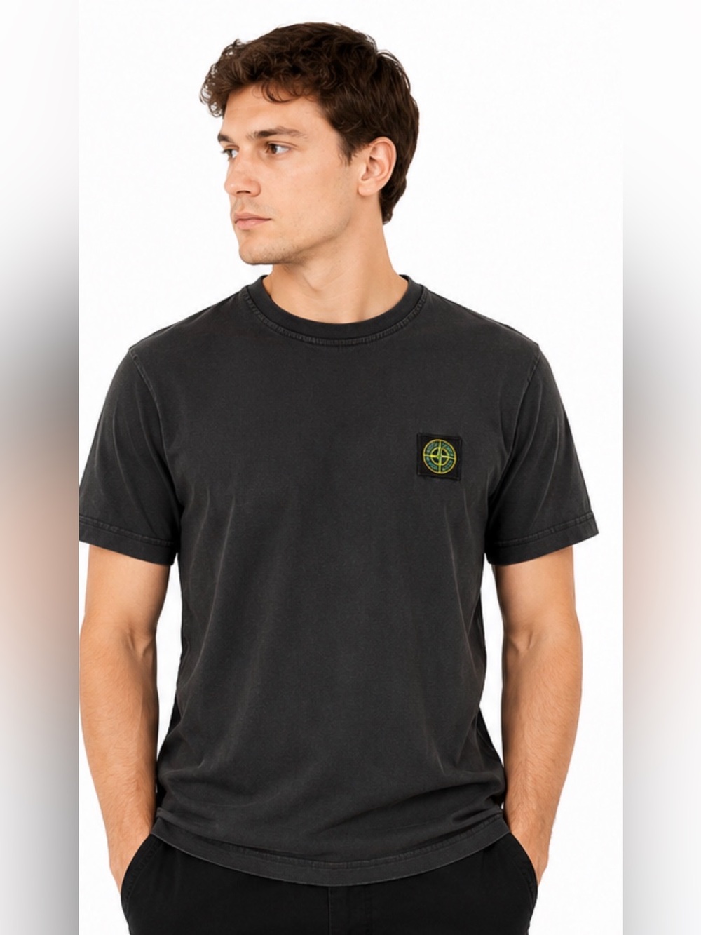 Stone Island Men’s Logo Patch T-Shirt – Size M – Washed Black / Charcoal